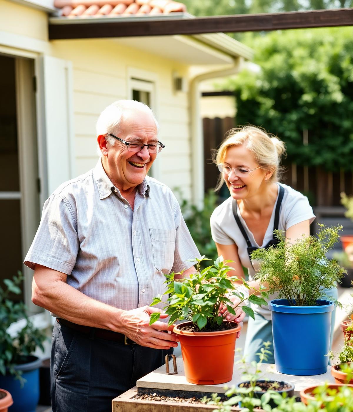 A carer helping an older client in their garden