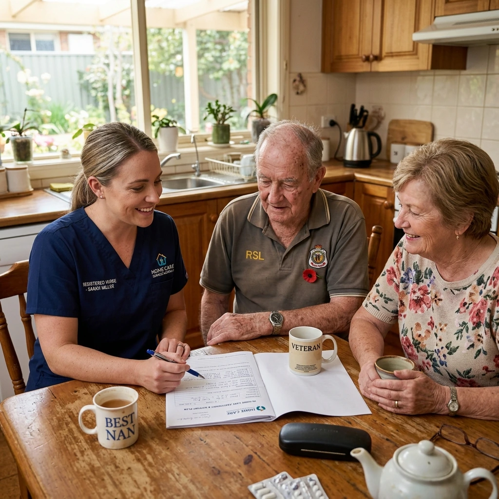 Registered nurse conducting supportive in-home assessment with veteran family