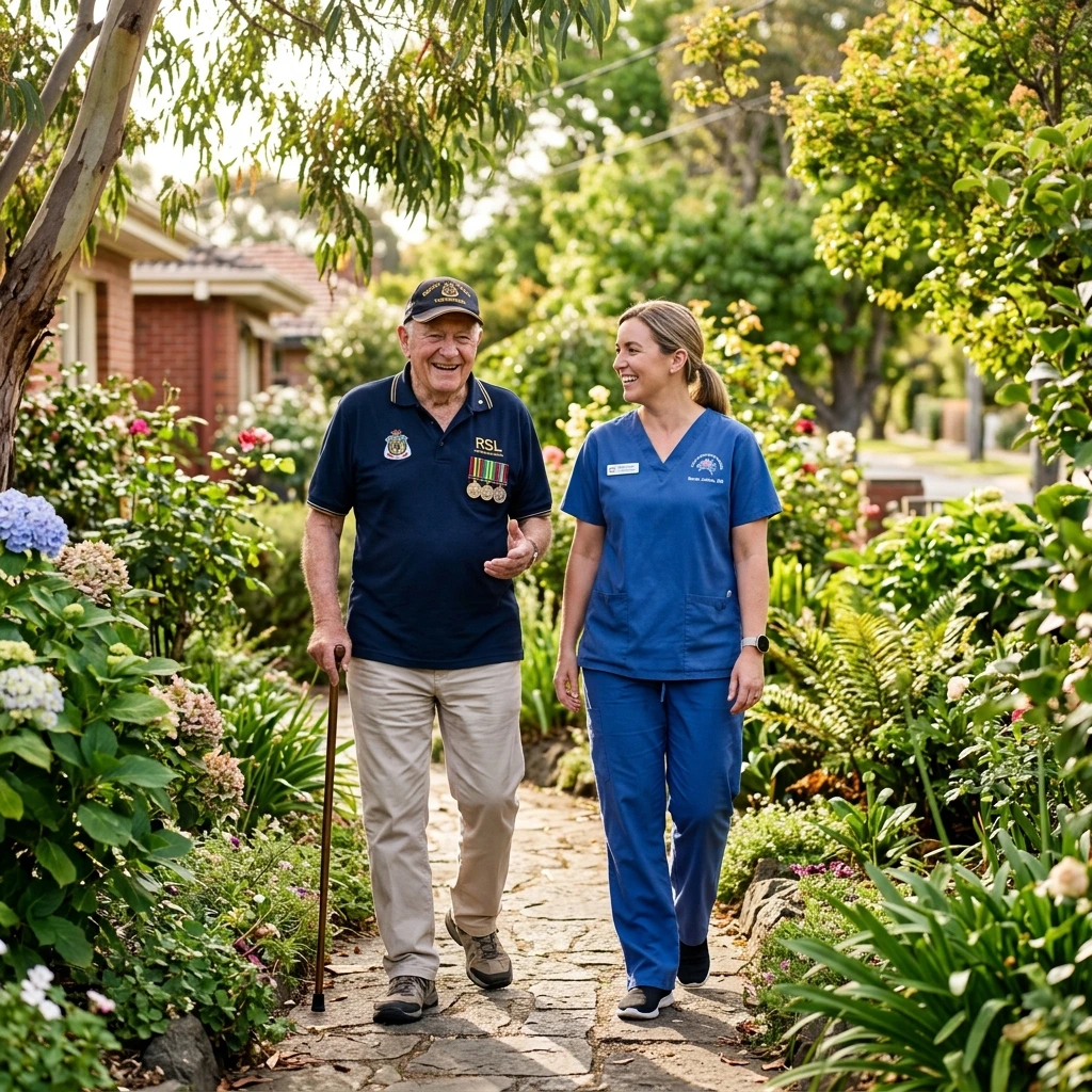 Senior veteran walking comfortably in Melbourne suburban garden with community nurse