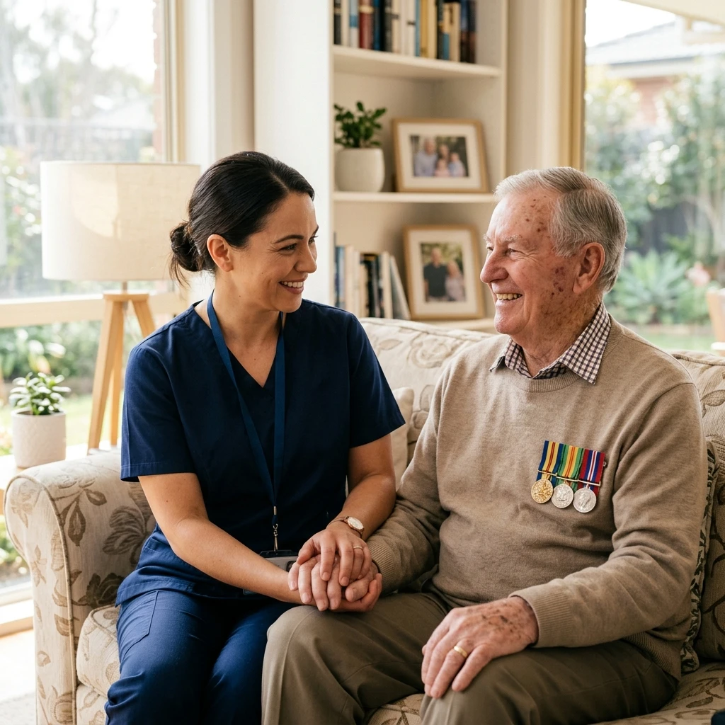 Personal care worker assisting a veteran with daily tasks at home