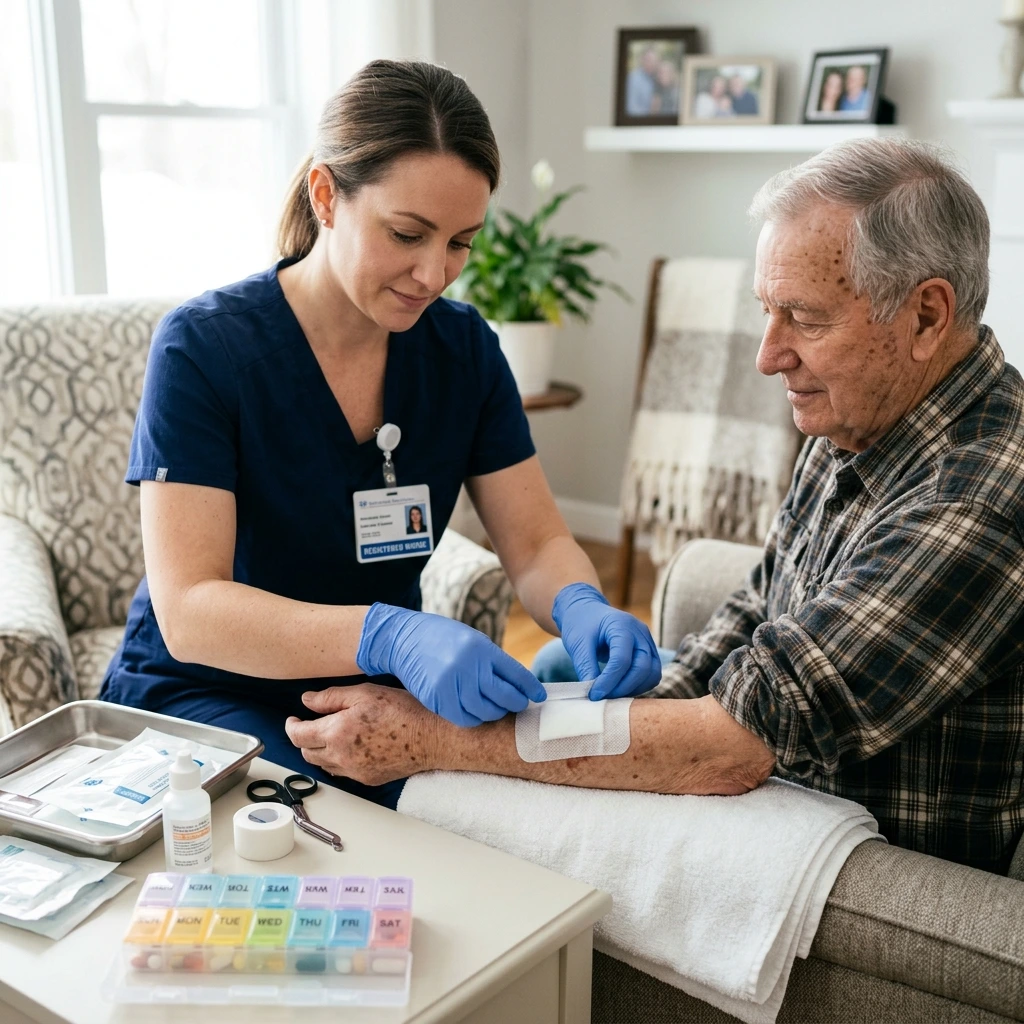 Registered nurse performing precise sterile wound care dressing